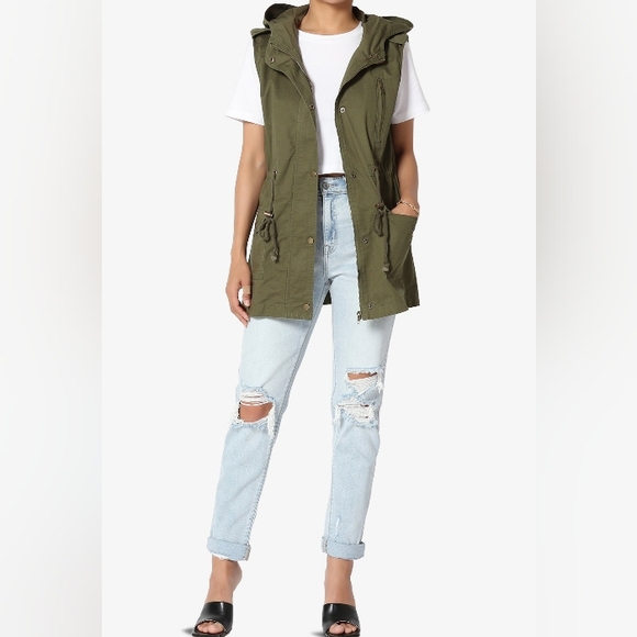 NEW LOOK Military Utility Hood Sleeveless Drawstring Distress Cargo Jacket EUC - Picture 2 of 13